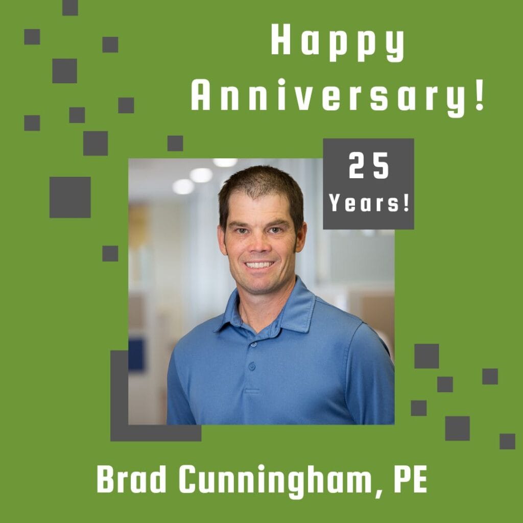 Photo of employee framed by a light green background with gray scattered boxes and Happy Anniversary text.