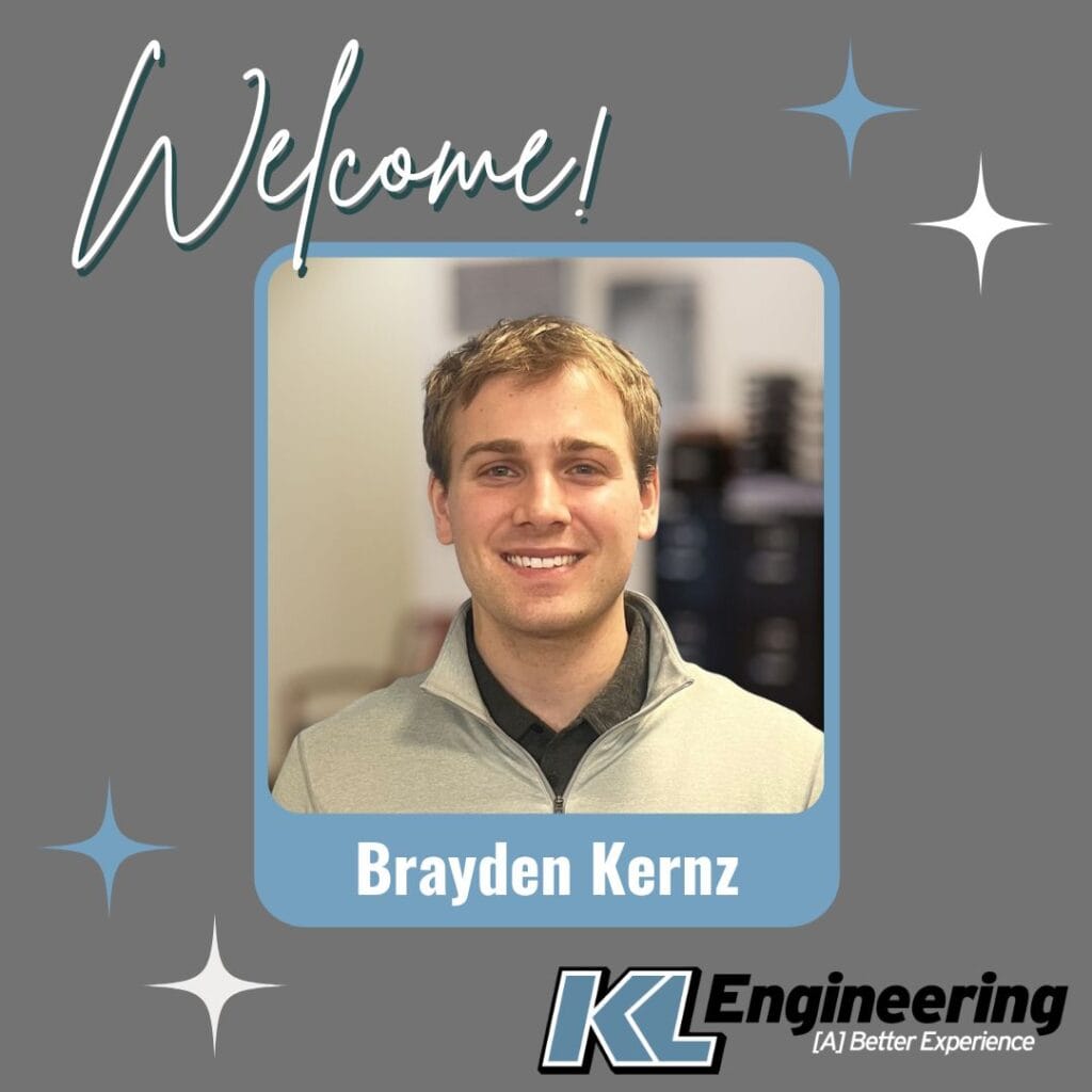 graphic includes a photo of the new employees with a grey background and blue and white accents around the photo. The text "welcome!" is across the top, with the KL logo in the lower right corner.