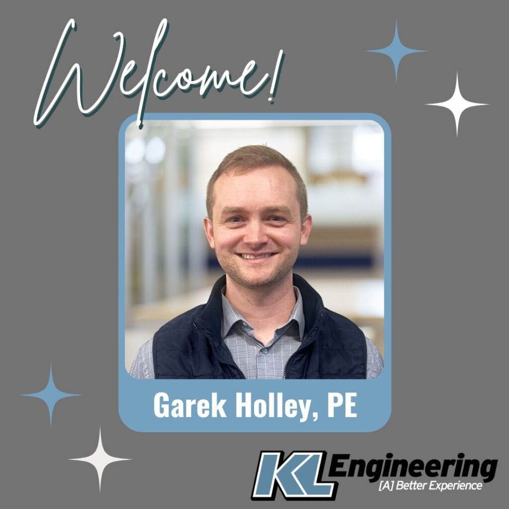 graphic includes a photo of the new employees with a grey background and blue and white accents around the photo. The text "welcome!" is across the top, with the KL logo in the lower right corner.