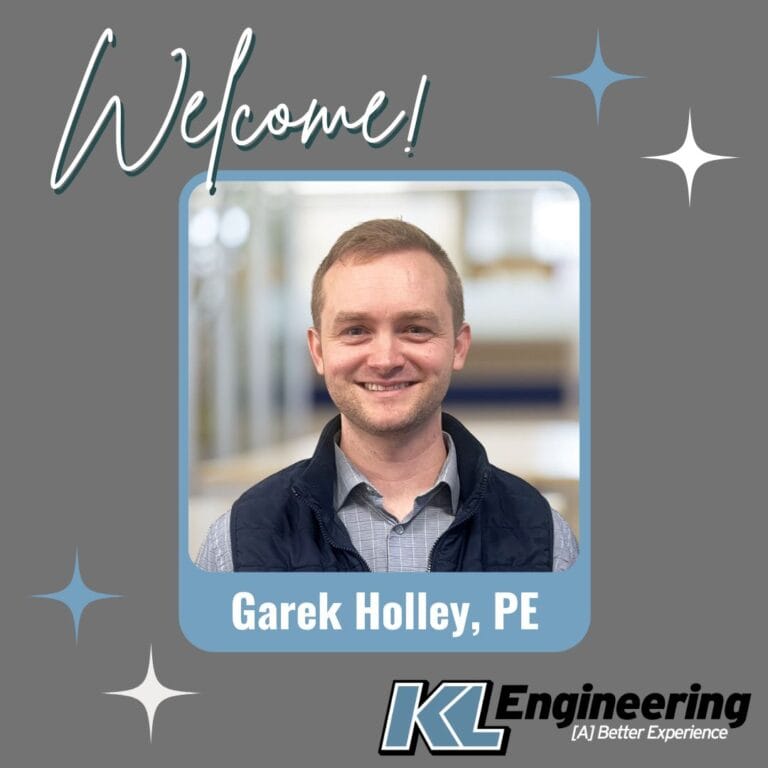 graphic includes a photo of the new employees with a grey background and blue and white accents around the photo. The text "welcome!" is across the top, with the KL logo in the lower right corner.