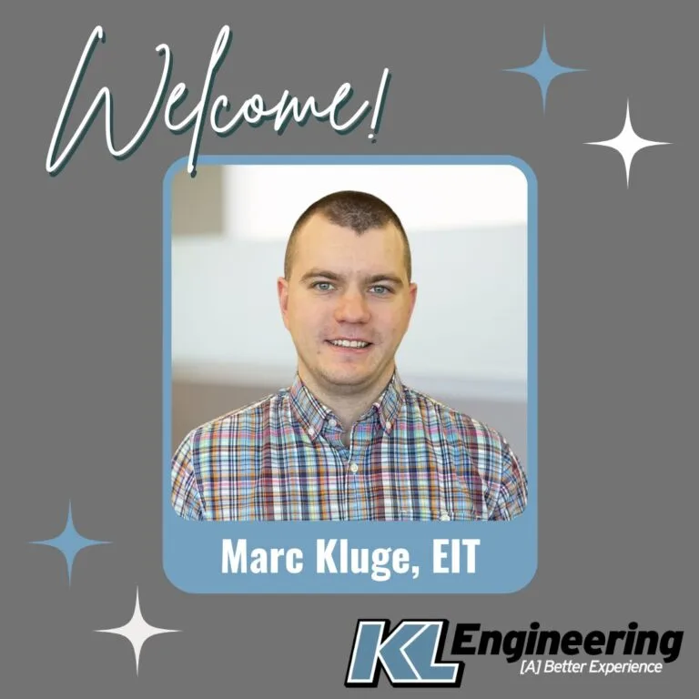 Graphic includes a photo of the new employees with a grey background and blue and white accents around the photo. The text "welcome!" is across the top, with the KL logo in the lower right corner.