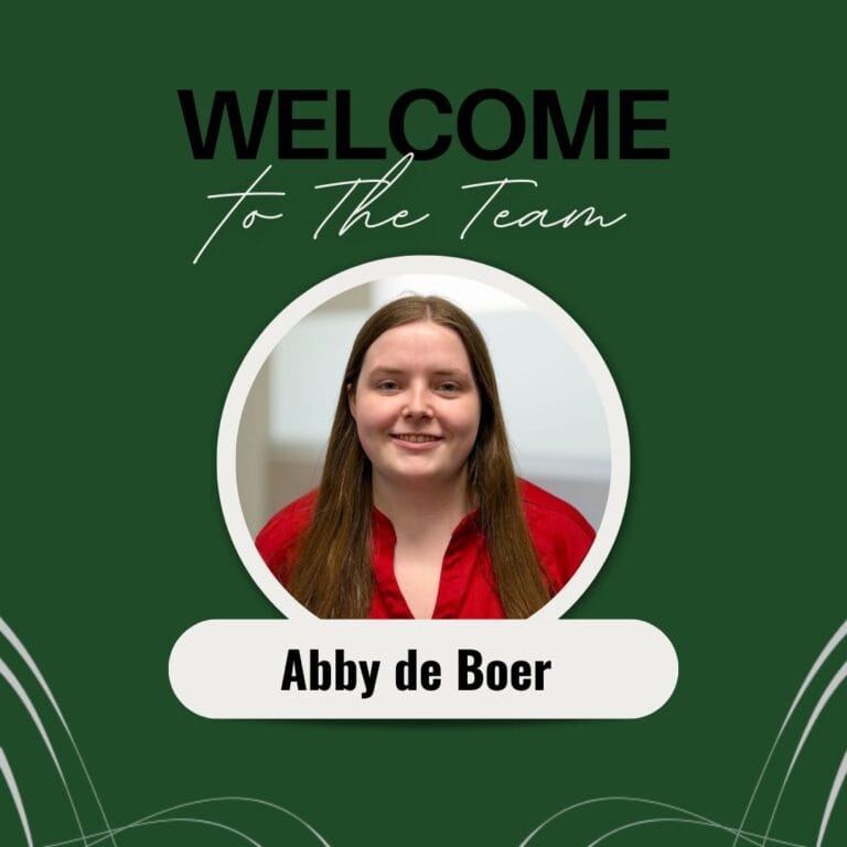 Graphic includes a headshot of the new team member on a dark green background with light grey accents and the text "Welcome to the Team" on the top.