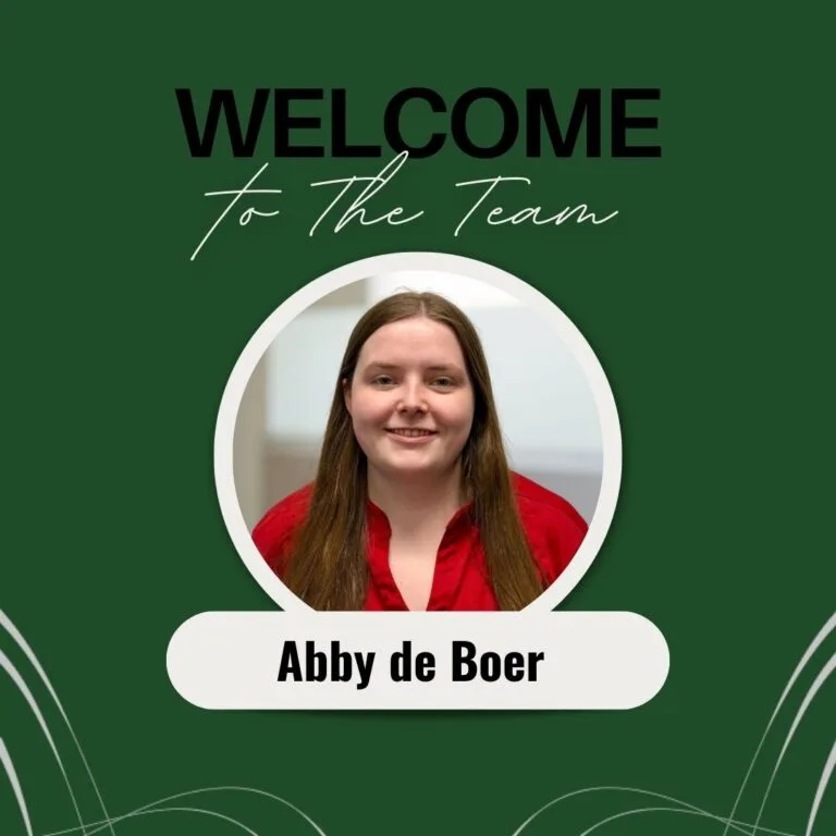 Graphic includes a headshot of the new team member on a dark green background with light grey accents and the text "Welcome to the Team" on the top.