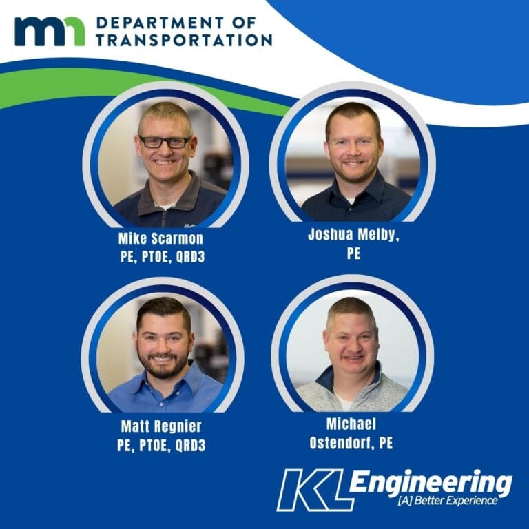 Graphic includes headshots of the people attending the event with a blue background, as well as the logos for KL Engineering and Minnesota Department of Transportation.