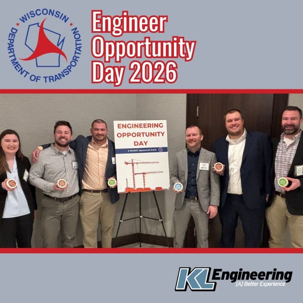 Graphic includes a photo of employees posing with cookies, as well as the text "Engineering Opportunity Day 2026" and the wisDOT and KL Engineering logos on a grey background.