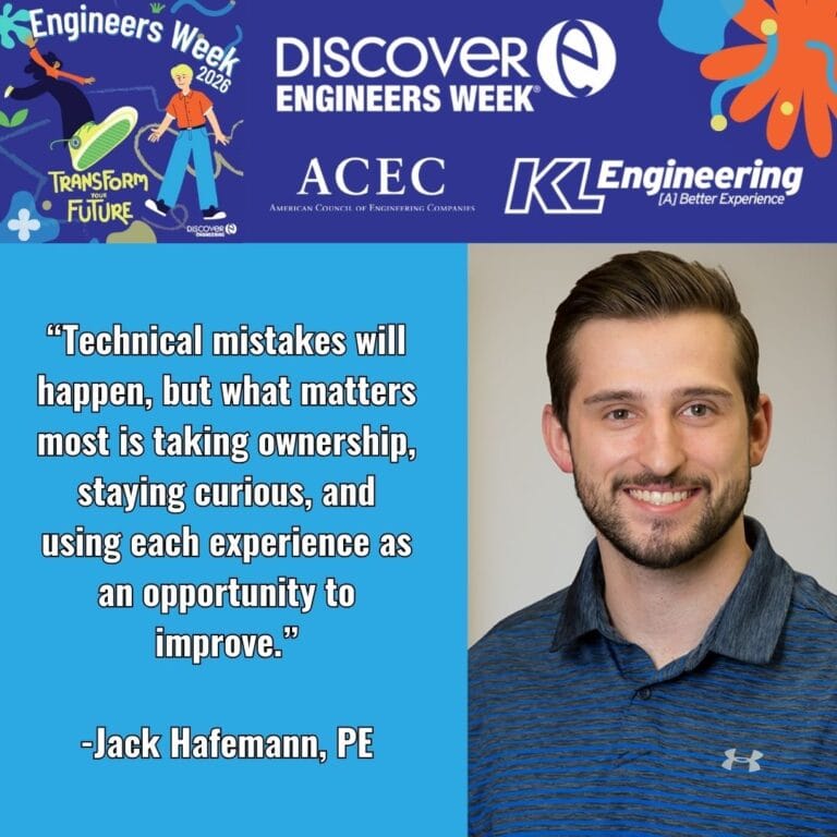 Graphic includes a quote as well as a headshot of one of the engineers at KL Engineering, and the logo for EWeek 2026.