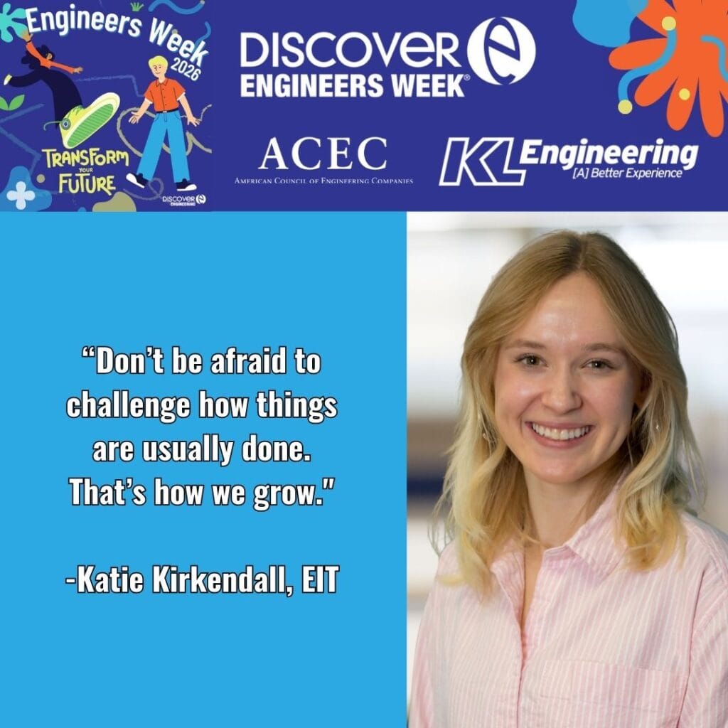 Graphic includes a quote as well as a headshot of one of the engineers at KL Engineering, and the logo for EWeek 2026.