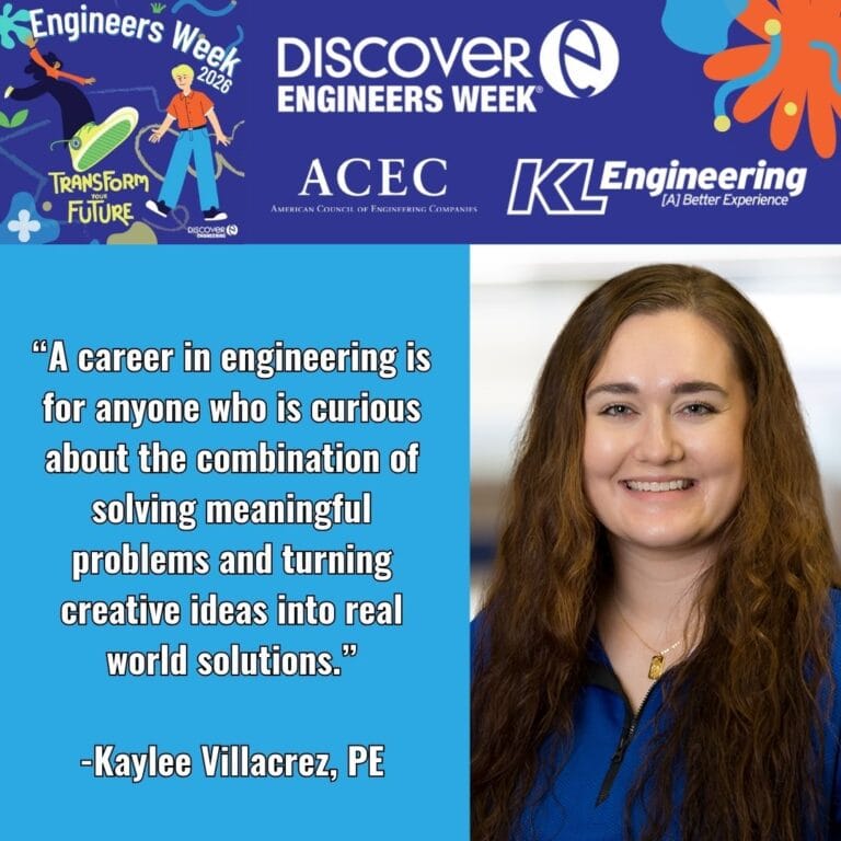 Graphic includes a quote as well as a headshot of one of the engineers at KL Engineering, and the logo for EWeek 2026.