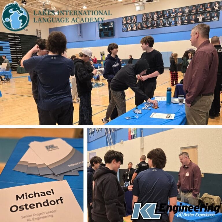 Graphic includes a collage of photos from the event, some that show Michael O with students and one of the table with KL's materials on it. There are also logos for LILA and KL Engineering in the left top and bottom right corners, respectively.