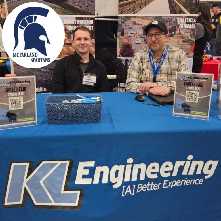 Graphic includes a photo from the career fair of two employees at a career fair with the KL logo across their table.