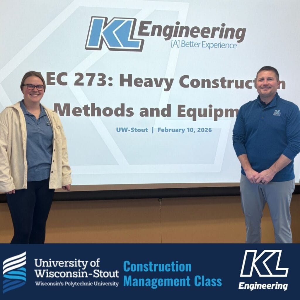 Graphic includes a photo from the presentation with the employees, as well as the UW-Stout and KL Engineering Logos.