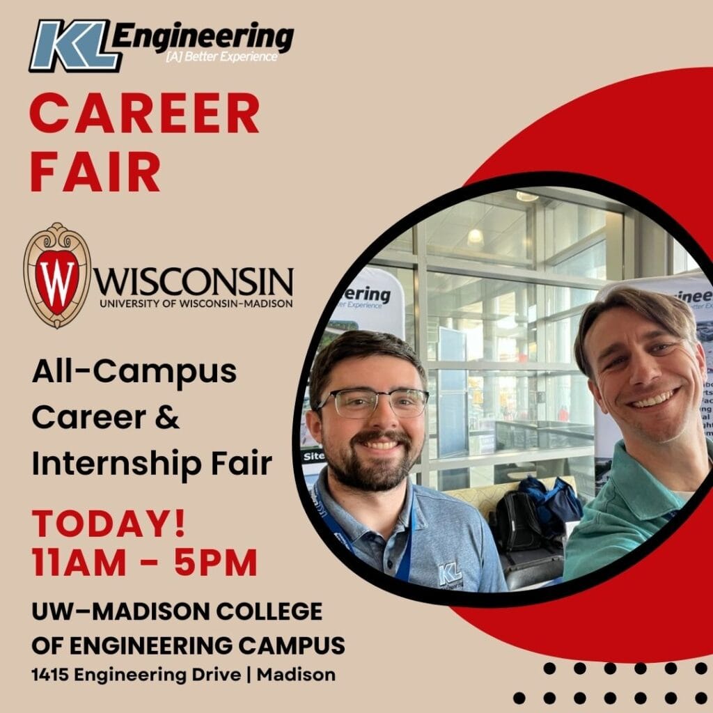 Graphic includes a selfie of the employees attending the career fair as well as the details about the event with red accents and on a tan background.