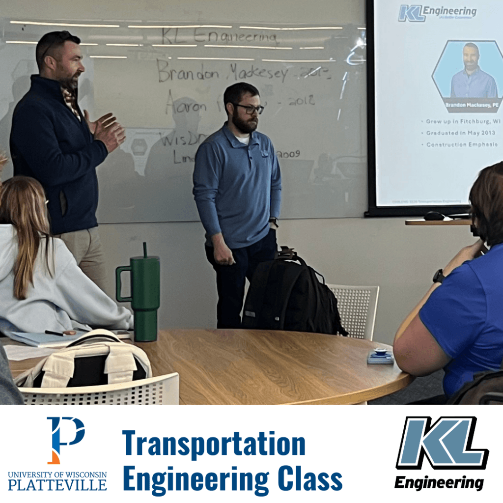 Graphic includes a photo from the class presentation, as well as the logos for UW-P and KL Engineering.