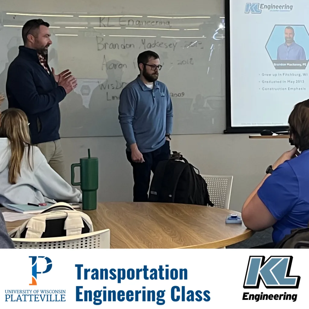 Graphic includes a photo from the class presentation, as well as the logos for UW-P and KL Engineering.