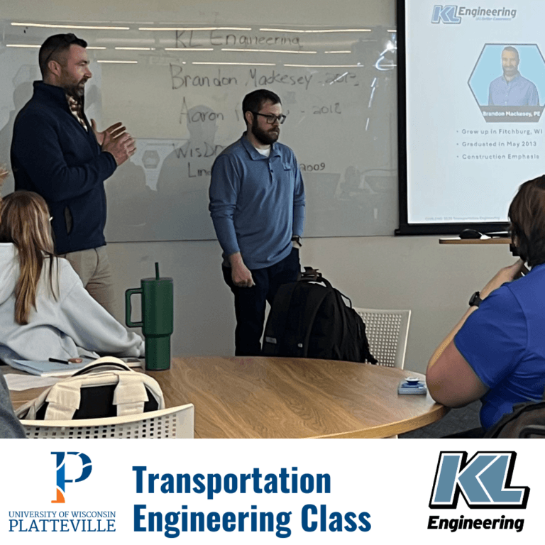Graphic includes a photo from the class presentation, as well as the logos for UW-P and KL Engineering.