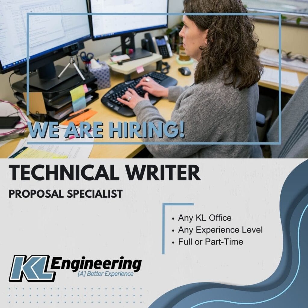 Image of a person at a computer working in an office setting. KL logo, job role, location, and details on gray background with blue wave.