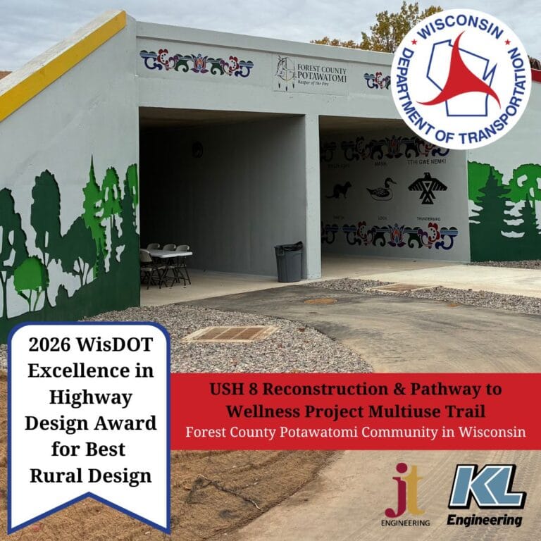 Graphic includes a photo of the project being recognized, as well as the text with the award title with a red background.
