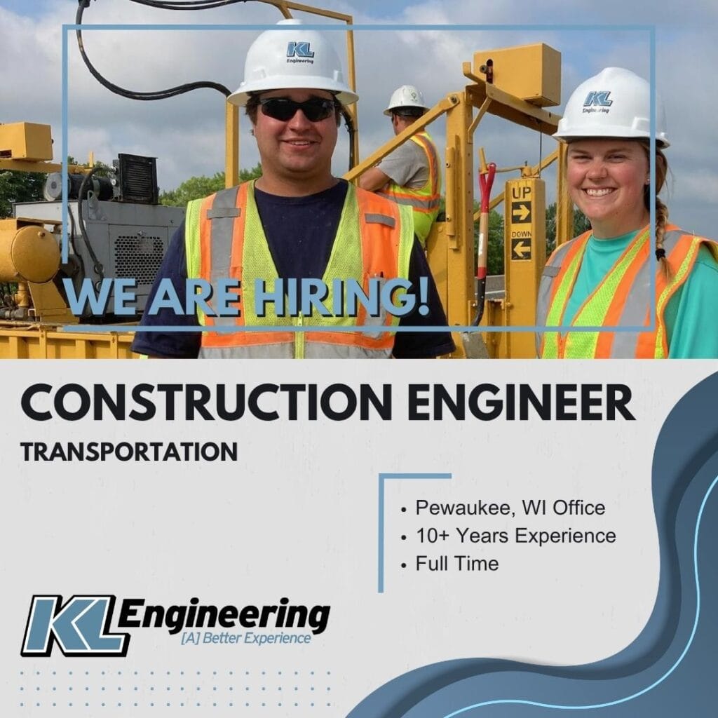 Image of two people on a construction site wearing safety helmets and safety vests outside. KL logo, job role, location, and details on gray background with blue wave.