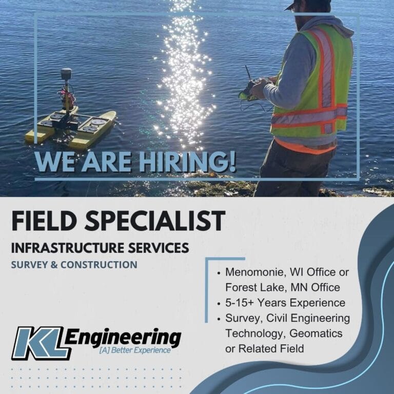 Image of person wearing KL safety vest conducting a survey outside with a floating device on the water. KL logo, job role, location, and details on gray background with blue wave.