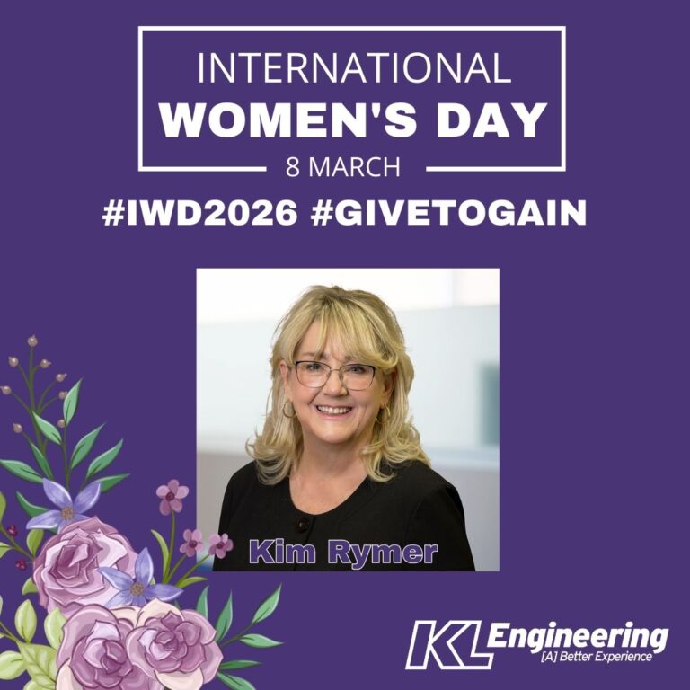 Purple background with photo of Kim Rymer, event title and hashtags, KL logo, and floral design