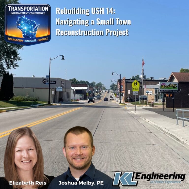 Graphic included the title of the presentation, a logo for the Transportation Improvement Conference, and KL's logo. The background is a photo from the project being presented.