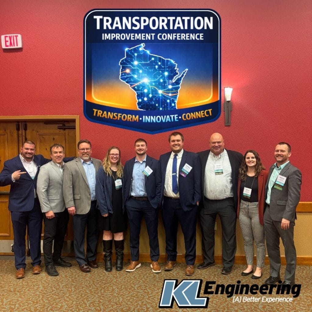 Graphic includes a group photo of the KL team that attended the conference, as well as the logo for the Transportation Improvement Conference and KL Engineering.