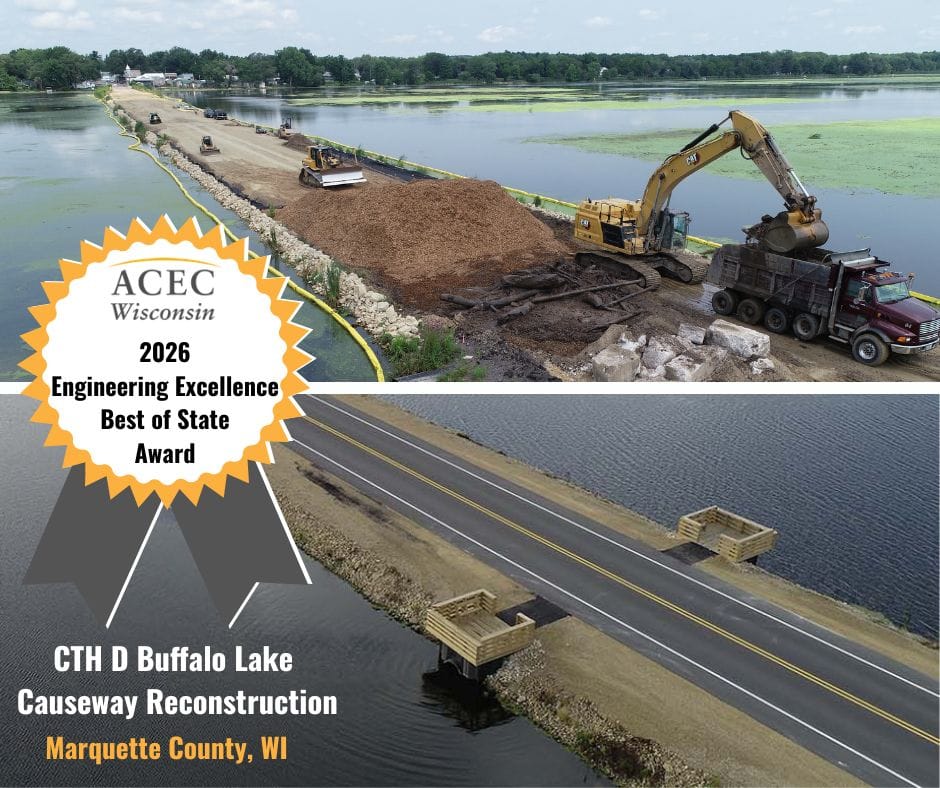 Photos from award winning project for CTH D Buffalo Lake Causeway Reconstruction project showing during construction and finished roadway surrounded by water.