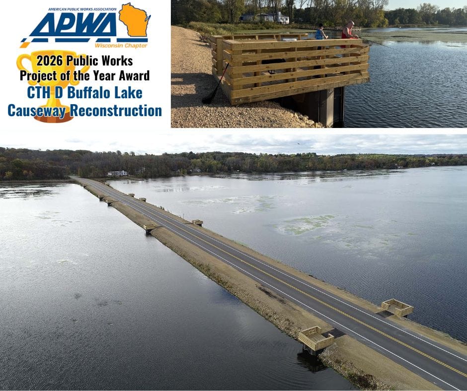 Photos from award winning project for CTH D Buffalo Lake Causeway Reconstruction project showing finished roadway surrounded by water and people fishing off the new platform.
