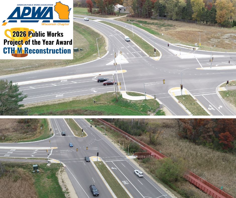 Photos from award winning project for CTH M Reconstruction project showing two different aerial views of the finished intersections.