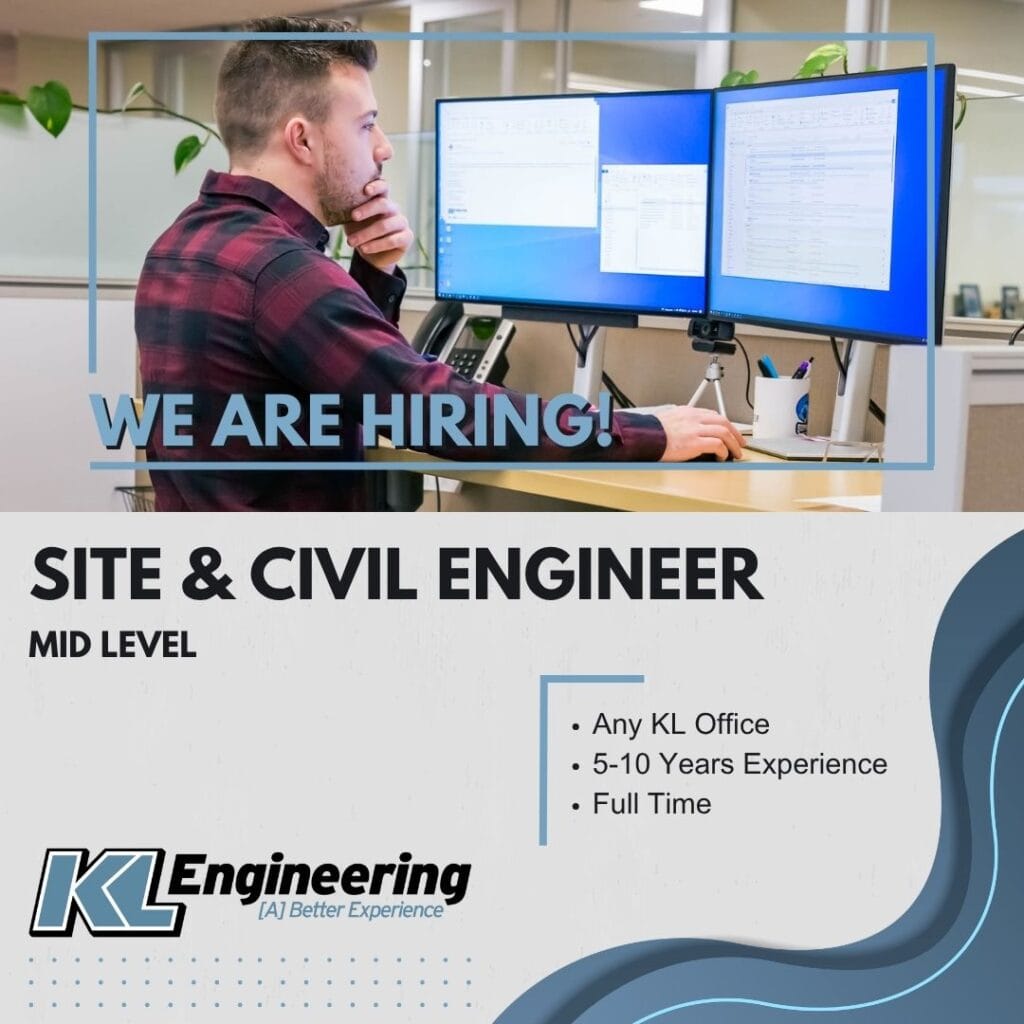 Image of employee standing at his computer working in an office setting. KL logo, job role, location, and details on gray background with blue wave.