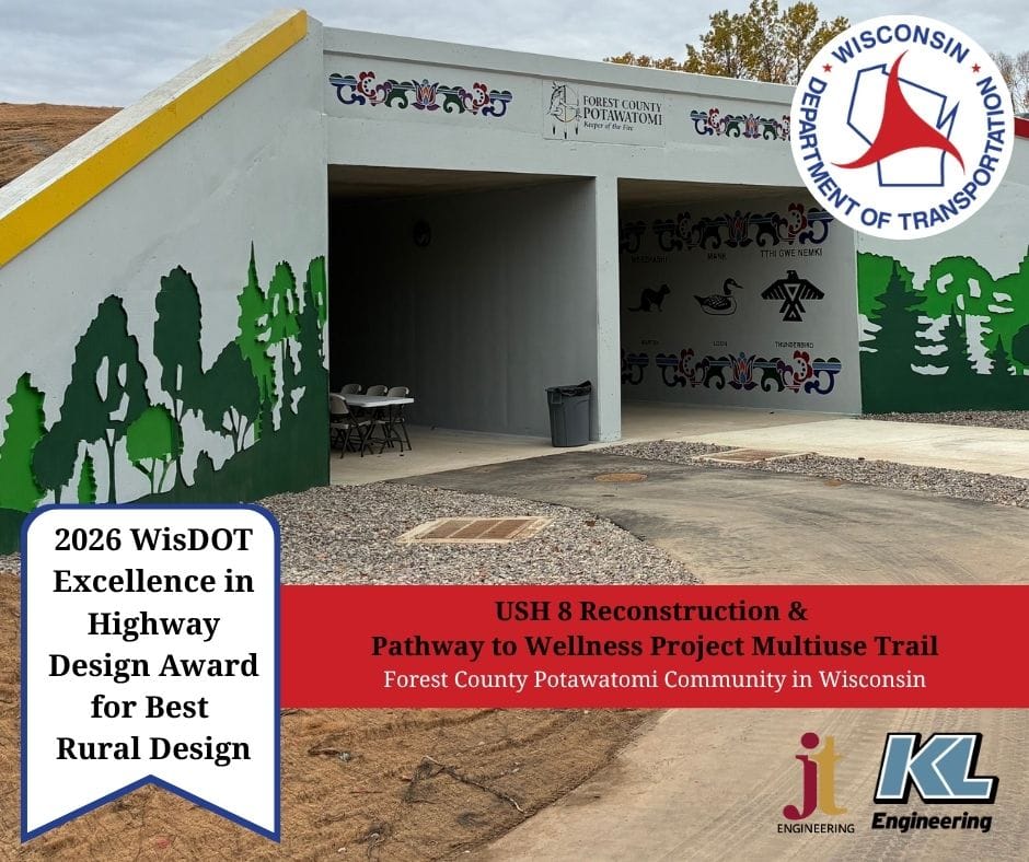 Image of USH 8 Underpass Tunnels, along with WisDOT logo with title of award and project name and location, with KL and JT Engineers logos.