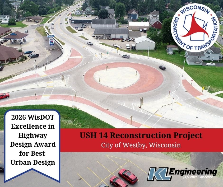 Aerial image of USH 14 roundabout design, along with WisDOT logo with title of award and project name and location.