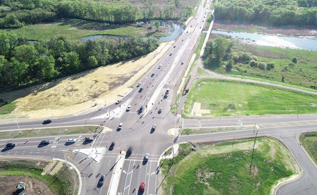 Aerial image of CTH M Reconstruction project showing the new CTH K intersection and many other project features.