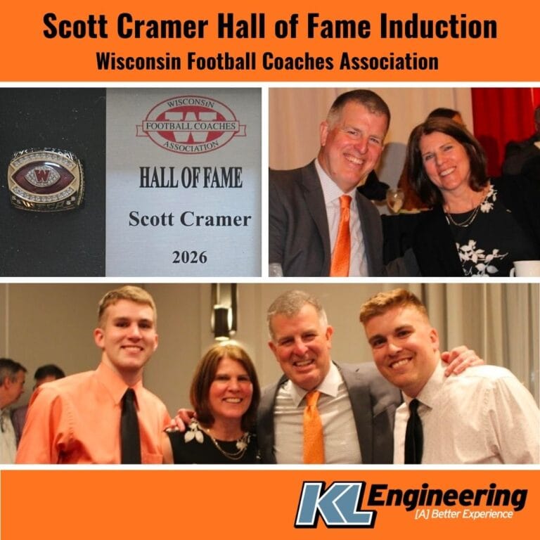 Graphic includes photos from the induction ceremony and the award with orange framing and the text "Scott Cramer Hall of Fame Induction, Wisconsin Football Coaches Association" and the KL Logo.