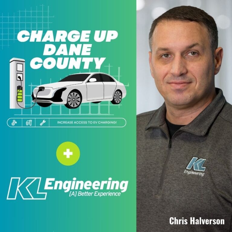 Graphic includes blue-green gradient on one side, with the text "Charge Up Dane County + KL Engineering" on one side, and Chris Halverson's headshot on the other side.