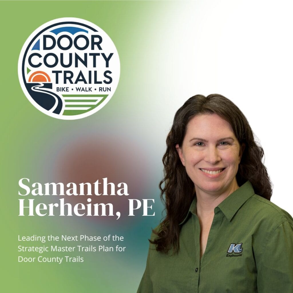 Graphic includes Samantha's headshot on a soft green and while background with the Door County Trails logo and the text "Leading the Next Phase of the Strategic Master Trails Plan for Door County Trails."