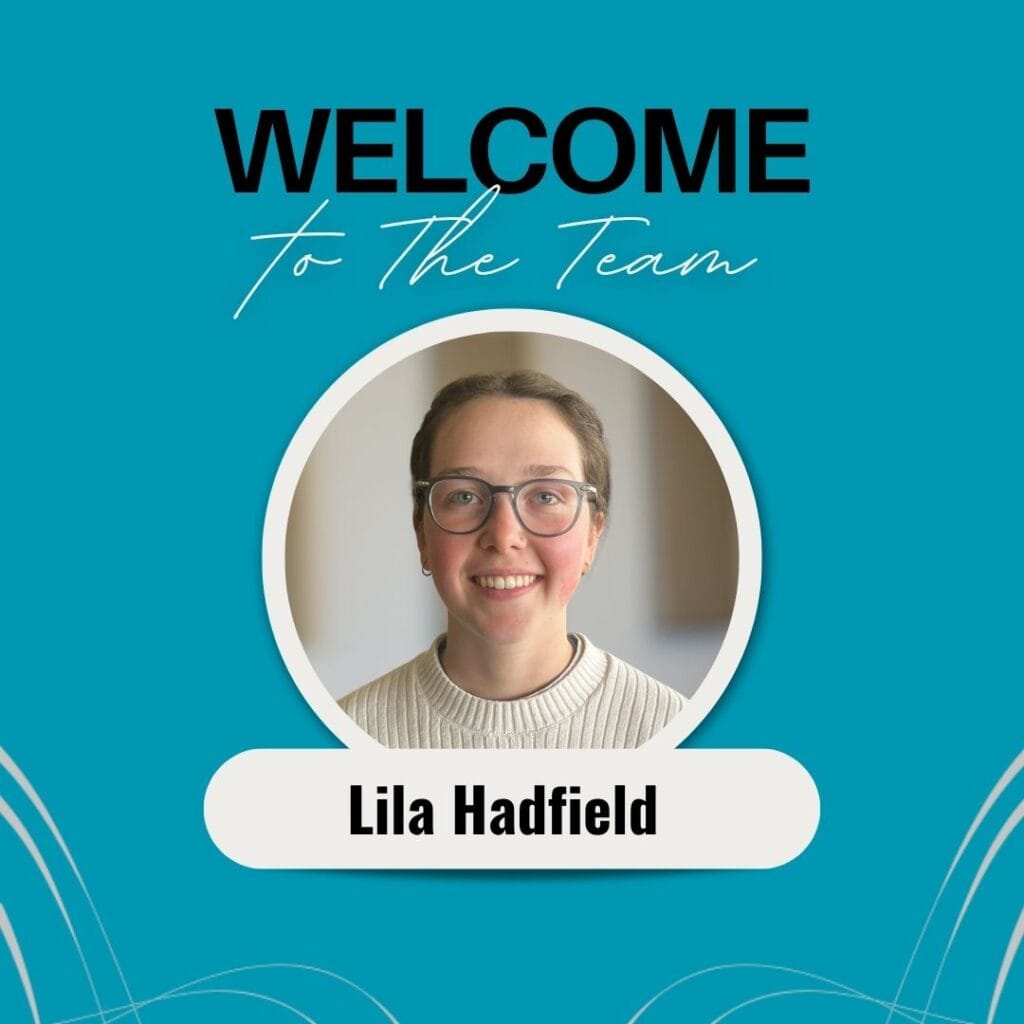 Graphic includes the headshot of the employee on a blue-green background, with the text "Welcome to the team" across the top.