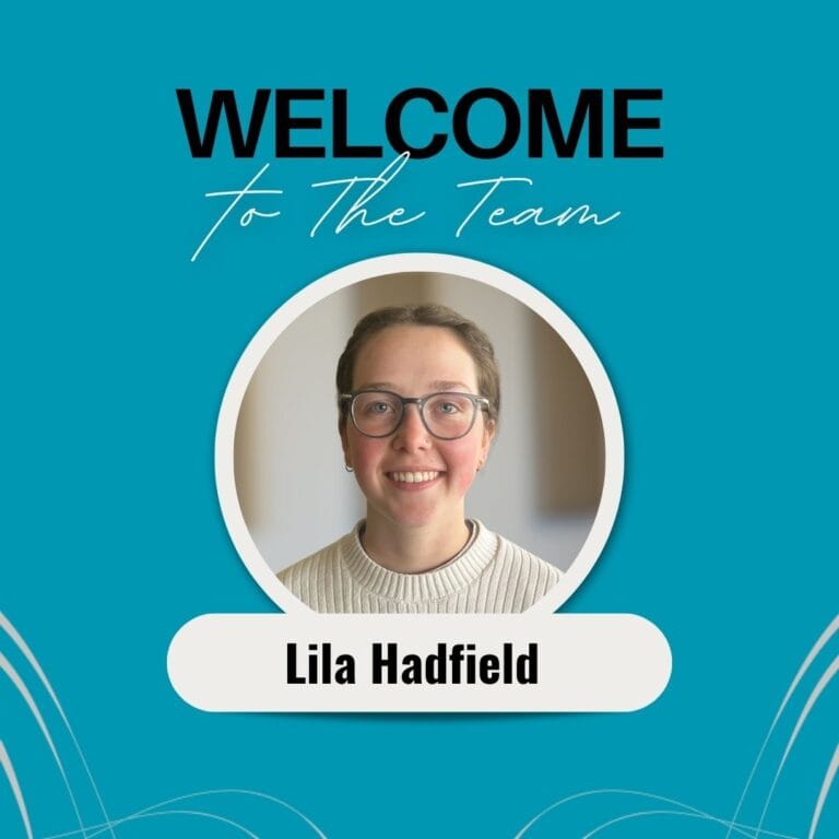 Graphic includes the headshot of the employee on a blue-green background, with the text "Welcome to the team" across the top.