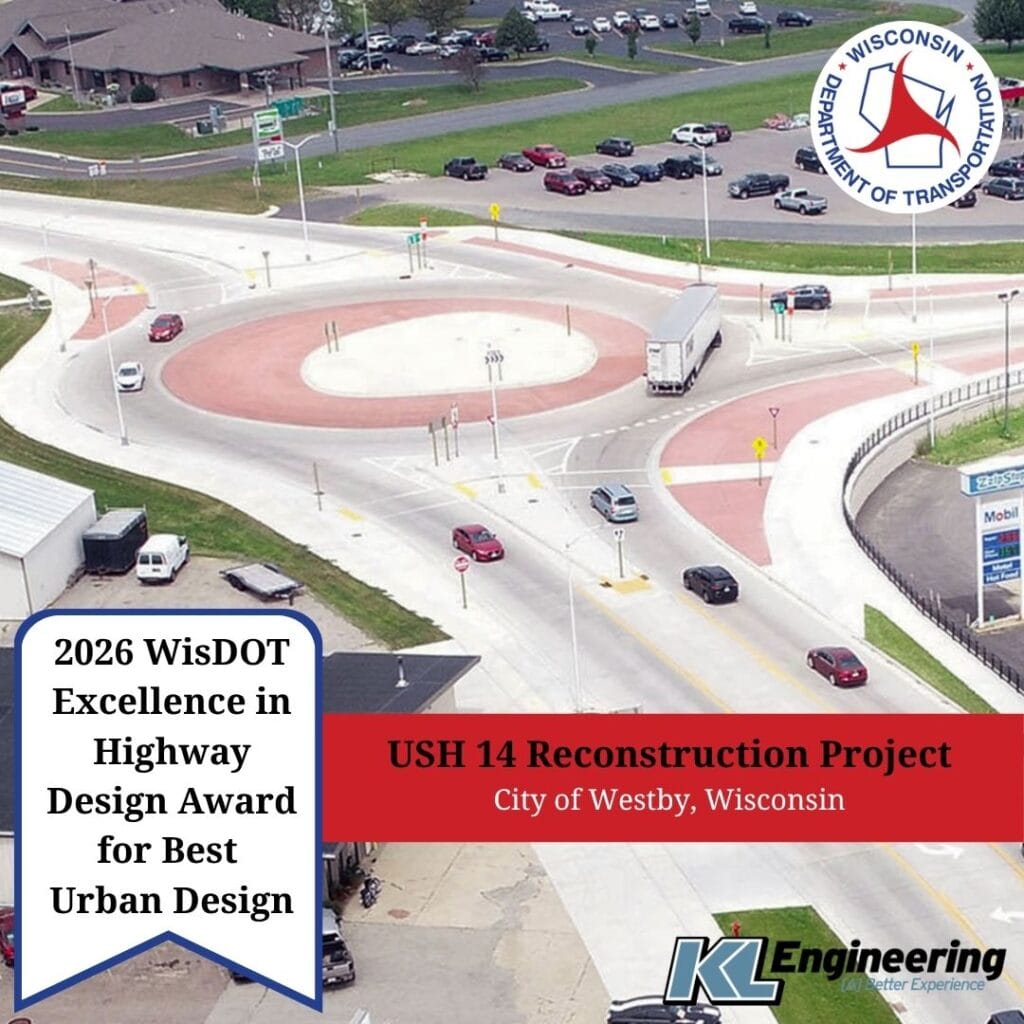 Graphic includes a photo of the project including a roundabout, and the text with the title of the project.