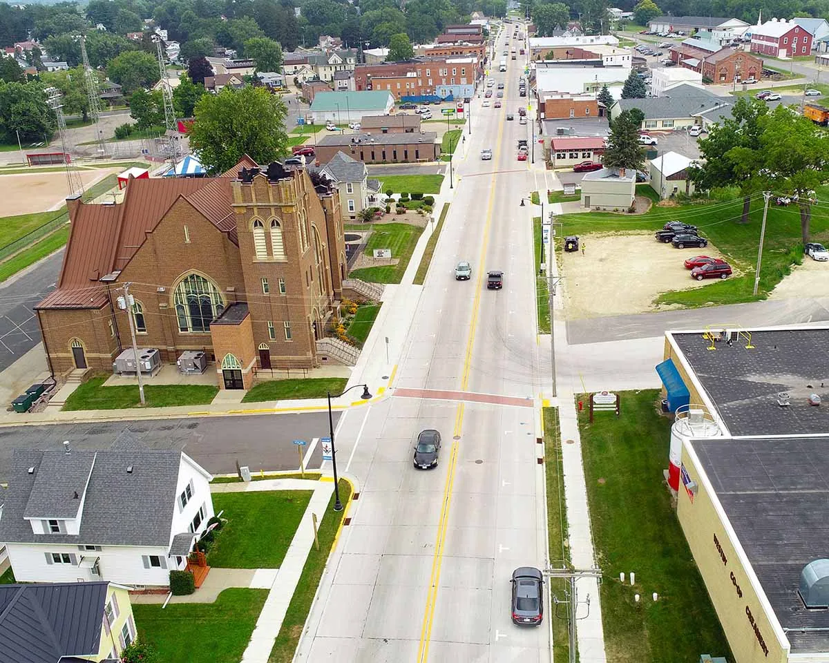 USH 14 North Main Street project in Westby WI showing church from aerial view