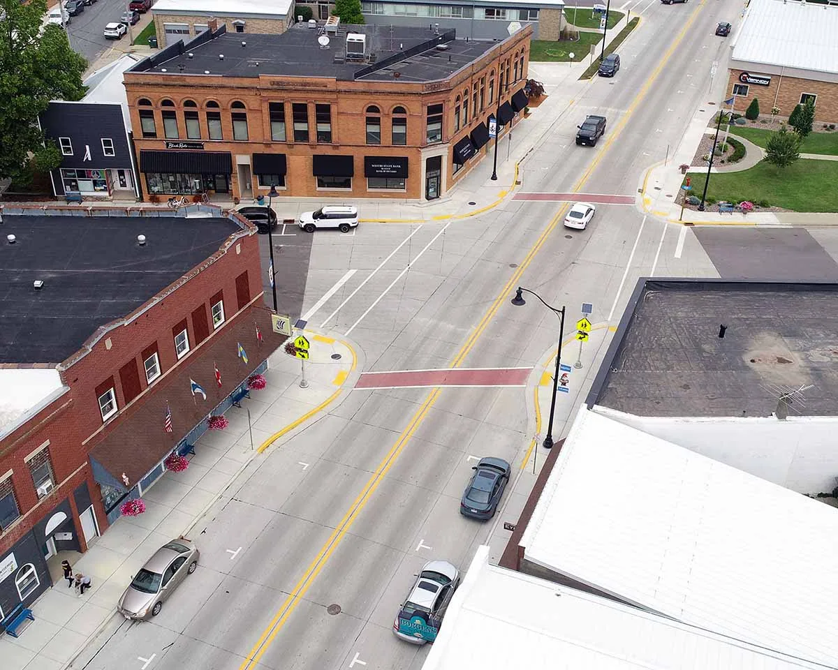 USH 14 North Main Street project in Westby WI showing pedestrian crossings and downtown area from aerial view