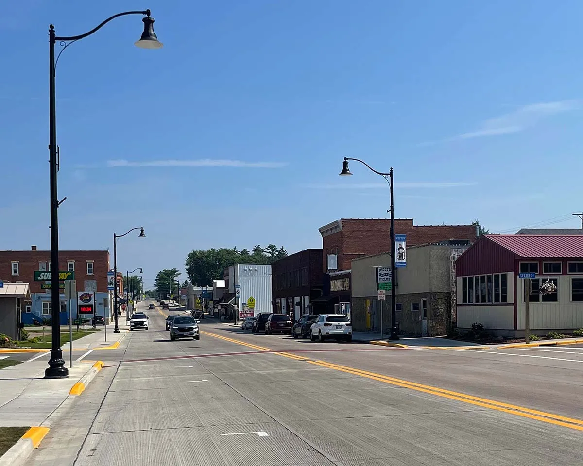 USH 14 North Main Street project in Westby WI showing downtown area from street level