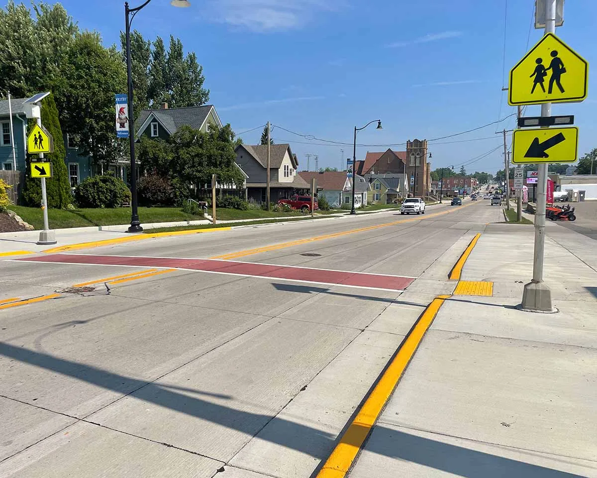 USH 14 North Main Street project in Westby WI showing pedestrian crossings from street level