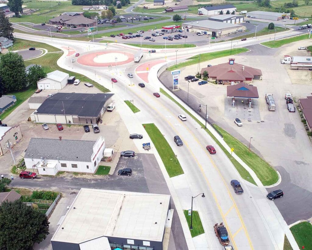 USH 14 North Main Street project in Westby WI showing aerial of new roundabout.