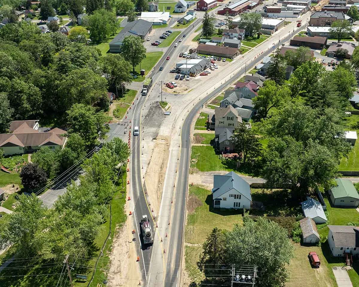 USH 14 North Main Street project in Westby WI showing aerial of traffic split