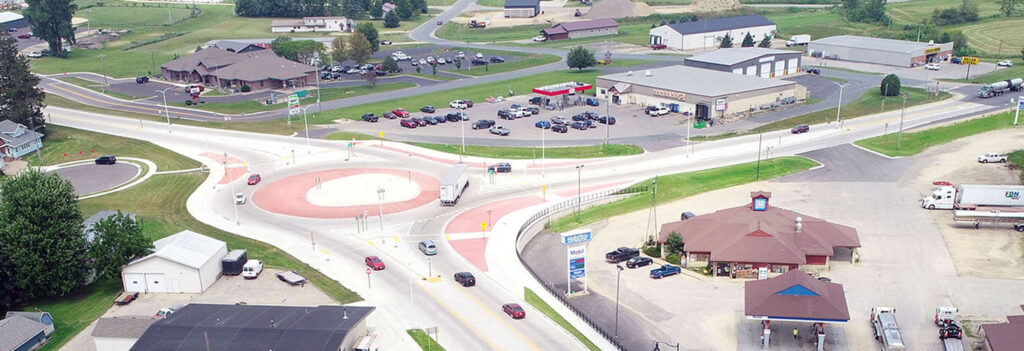 USH 14 North Main Street project in Westby WI showing aerial of new roundabout.