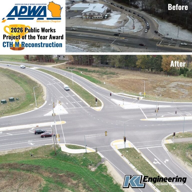 Aerial photos of CTH M / CTH K intersection showing the traffic before and after the project, with APWA award details and logo and KL logo.