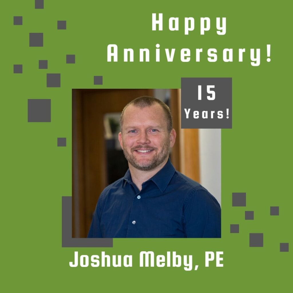 Photo of employee framed by a light green background with gray scattered boxes and Happy Anniversary text.