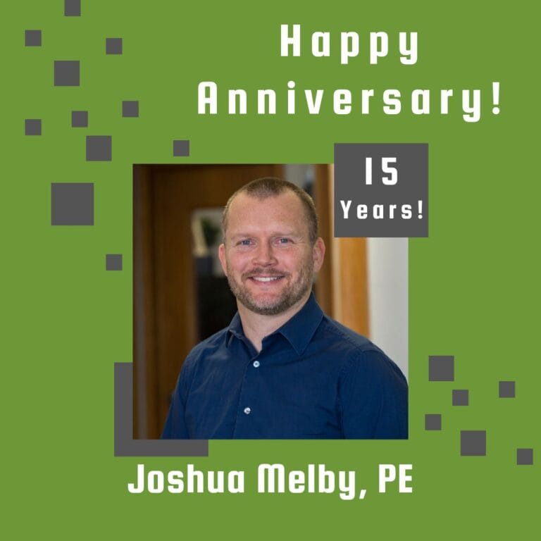 Photo of employee framed by a light green background with gray scattered boxes and Happy Anniversary text.