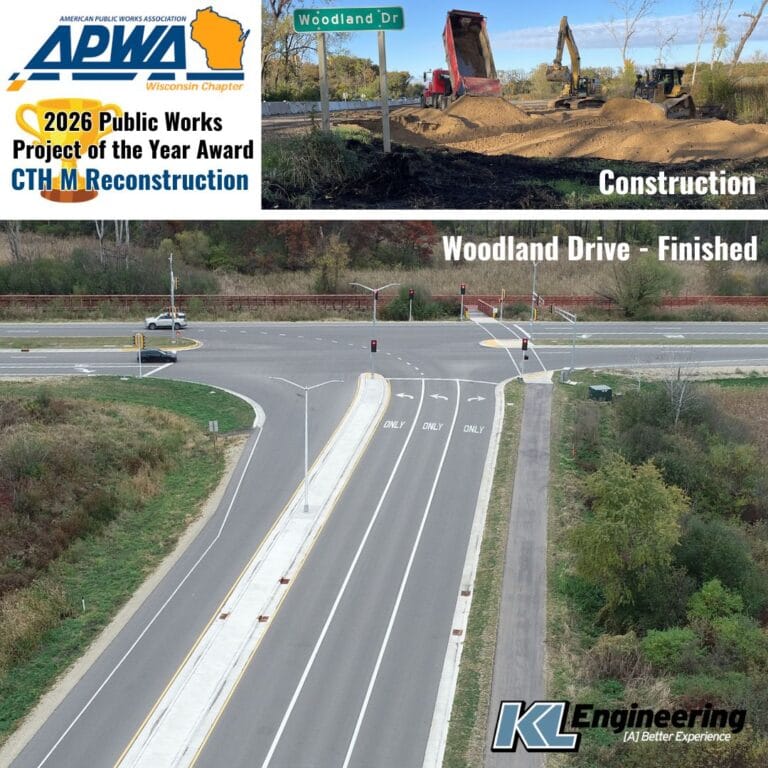 Photos of the Woodland Drive and CTH M intersection shown during construction and aerial of finished project, with APWA award details and logo and KL logo.